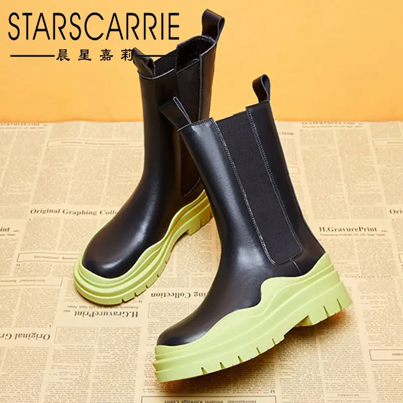 

British style riding boots female leather 2021 new mona boots shoes avocado thick-soled Chelsea smoke boots