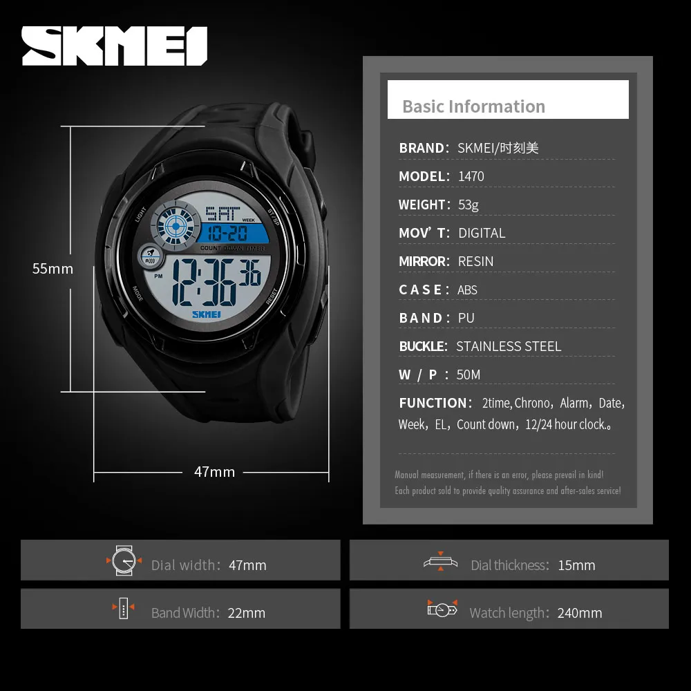 

SKMEI New Sport Watch Men Military 5Bar Waterproof Alarm Clock Watches Week Display Digital Watch Relogio Masculino 1470