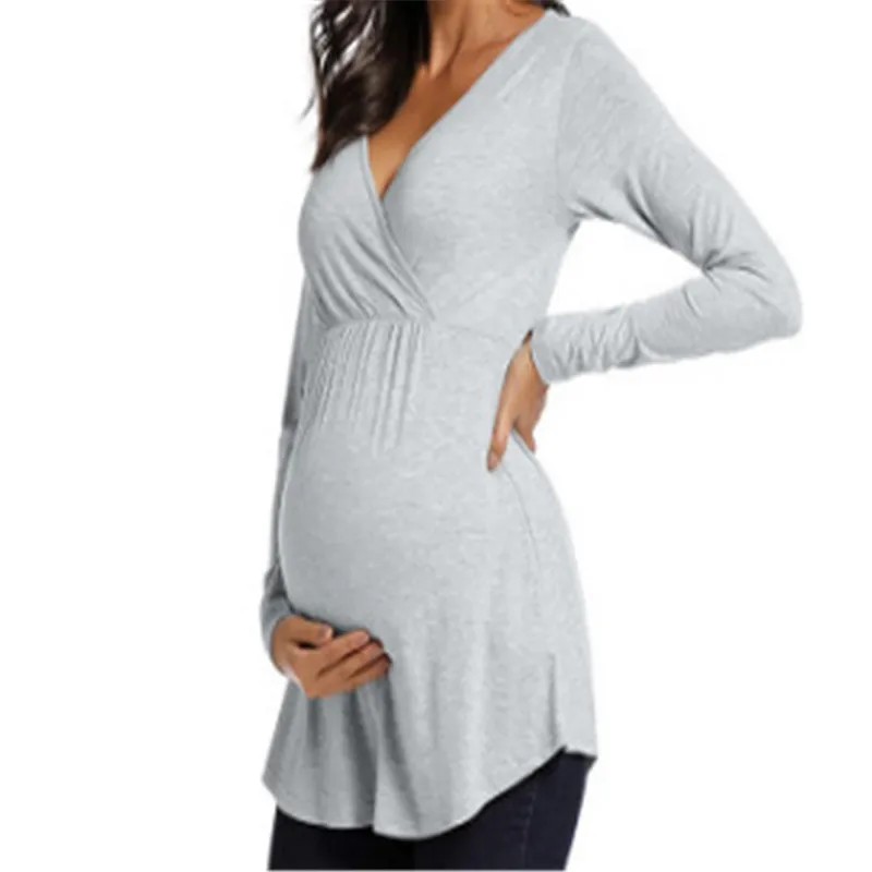 

Hanyun Pregnant T-shirts Breast feeding jacket Sexy V-neck Lactation Top Long Sleeve Pleated Solid color