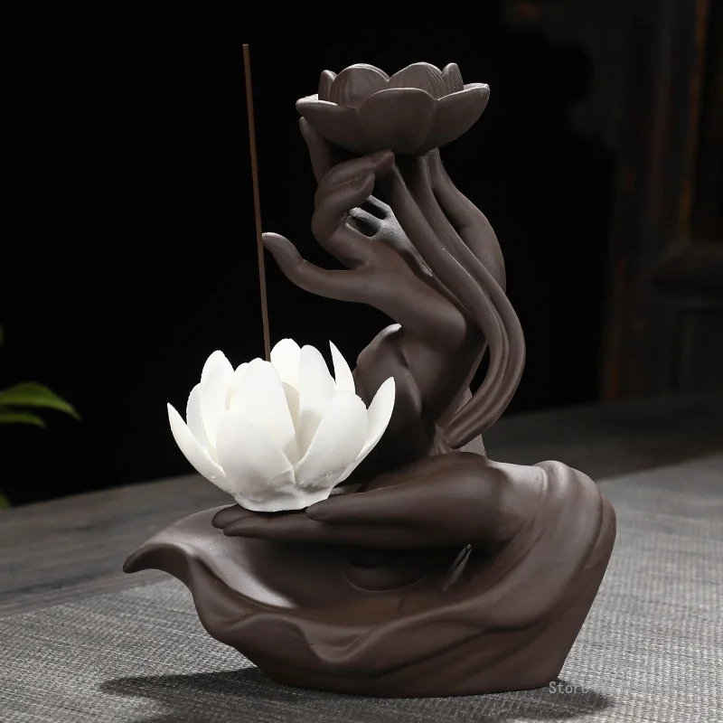 

Bergamot Guanyin lotus backflow incense burner ornaments antique sandalwood household purple sand incense burner incense burner