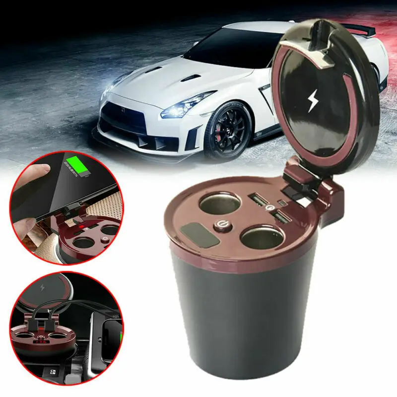 

3 in 1 USB *2 Car Qi Wireless Fast Charger Cup Holder Lighter For Samsung iPhone