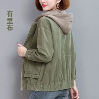 vintage corduroy short jacket women autumn 2022 new korean fashion casual stitching hooded short jackets with lining velvet coa