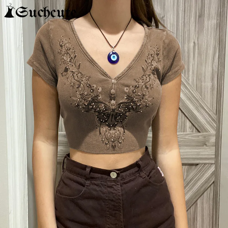 

SUCHCUTE Harajuku Print Women T-shirts Vintage Sexy Short Sleeve Cropped Tops Fairycore Casual 90s Streetwear Skinny Pullovers