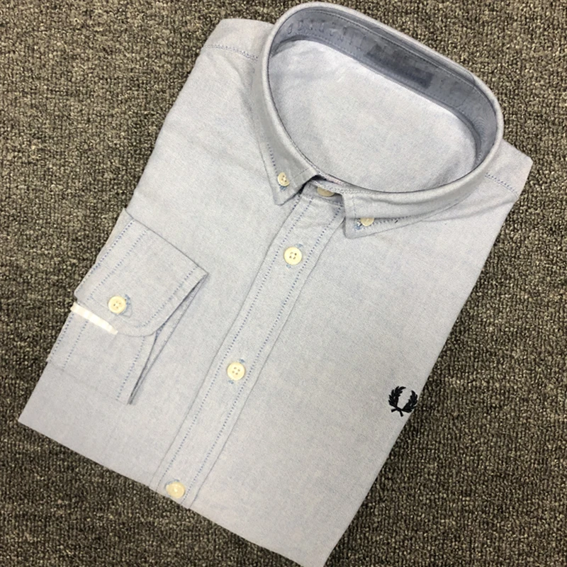 

High Quality Oxford Wheat Embroidery 100% Cotton Thick Shirt Male Long Sleeve Shirts Men Hombre Chemises Top British