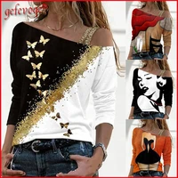 sexy skew neck off shoulder butterfly graphic print t shirt women 2021 trendy clothes casual ladies tops long sleeves tee shirts