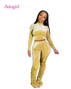 Осенне-зимний Бархатный комплект из двух предметов Adogirl 2020, спортивный костюм с высоким воротником, укороченный топ с длинным рукавом, штаны-клеш, модные повседневные Костюмы