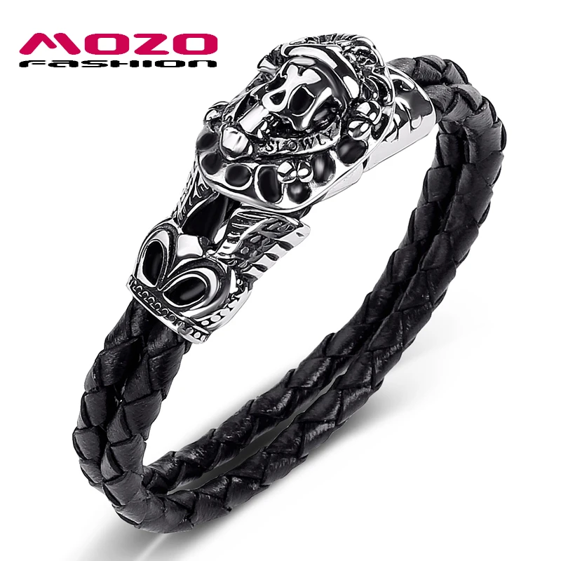

2020 New Men Jewelry Black Leather Bracelet Stainless Steel Skull Punk Charm Bangle Pulseras Gifts