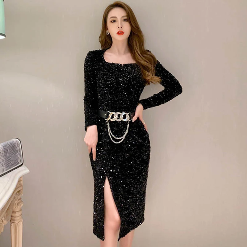 

Fashion French Style Women Retro Sexy Square Collar Sequin Midi Party Club Dress Elegant Coffee Break Split Female Evening Dress