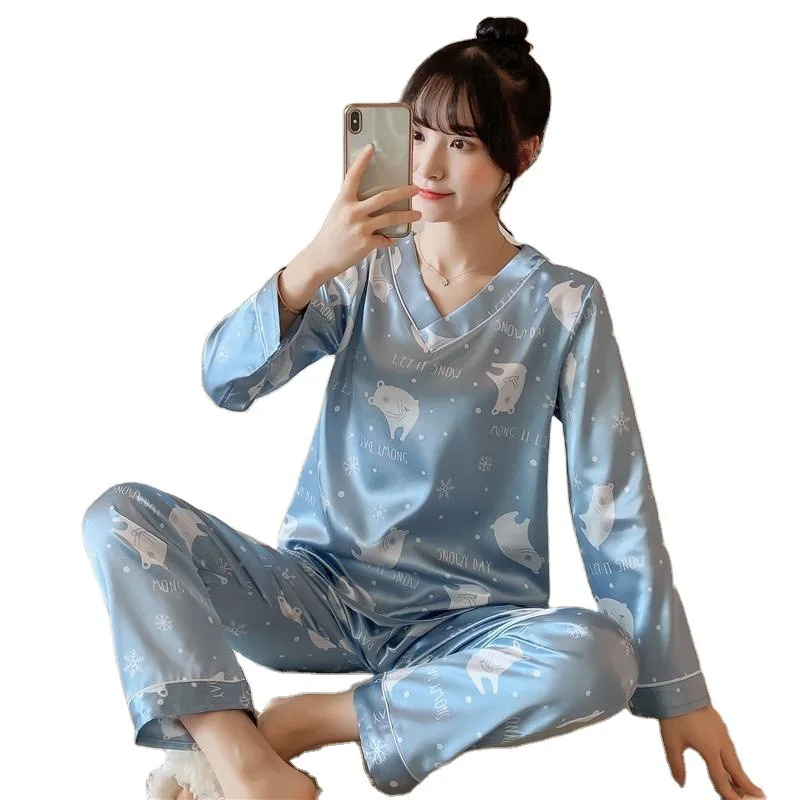 Casual Women's Pajamas Sets Ice Snow Silk V-neck Long-sleeved Autumn Cute Home Service Suit Sleepwear conjuntos de mujer