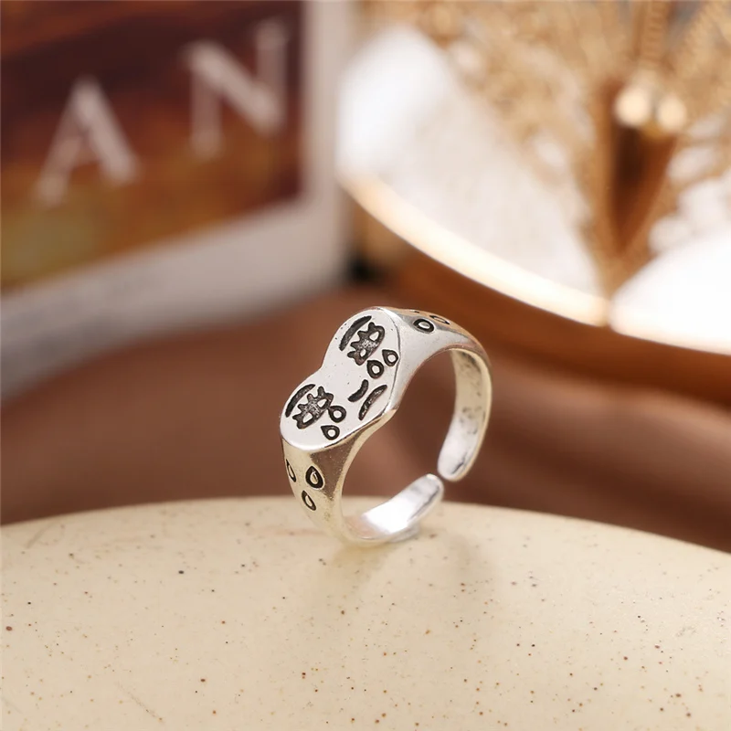 Винтажные Открытые Кольца серебряного цвета с черным сердцем и лицом плаккью для