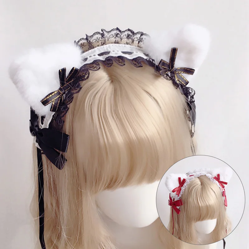 

Lovely Cat Ear Hair bands Lolita Maid Women Girl's Ruffles Lace Headband Plush Cat Ears Cosplay Anime Party Halloween Accessorie