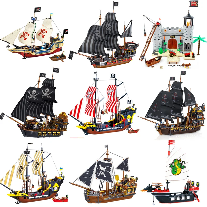 Ideas Enlighten Big Black Pearl Pirate Ship Building Block Military Pirates Royal Guards Battle Castle Boat Model Bricks Toy