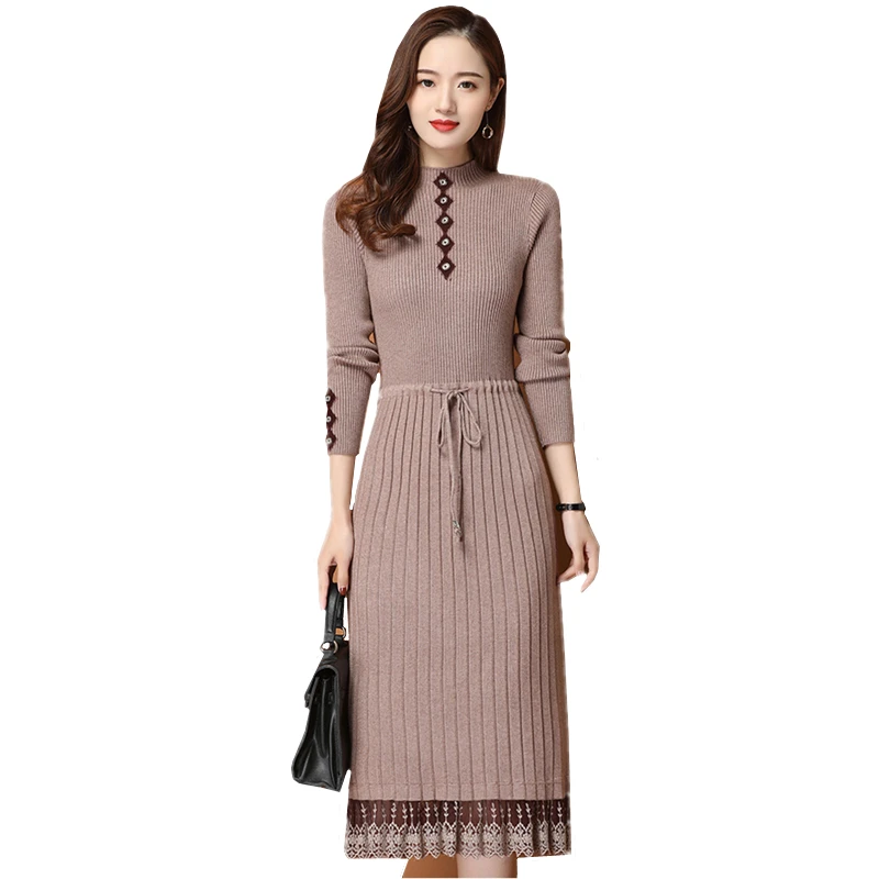 

Women Dress Spring Autumn Winter Korean Fashion O-Neck Long Sleeve Casual Knitted Mid-Length Femme Ladies Vestidos Top H912
