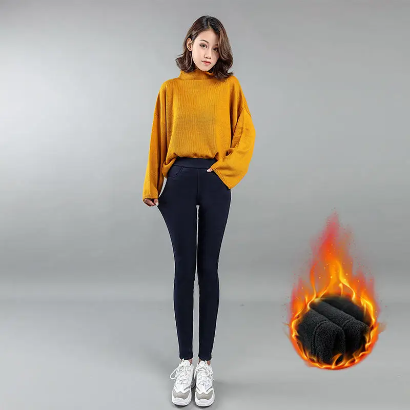 Navy blue Осень Зима Плюс вельветовые брюки женские теплые утолщенные с высокой талией узкие брюки повседневные размера плюс 3XL брюки женские Pantalon Femme Q1853 - Цвет: Navy blue