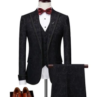 men wedding banquet high end suit jacquard lace boutique slim blazers jacket vest pants 3 pieces set