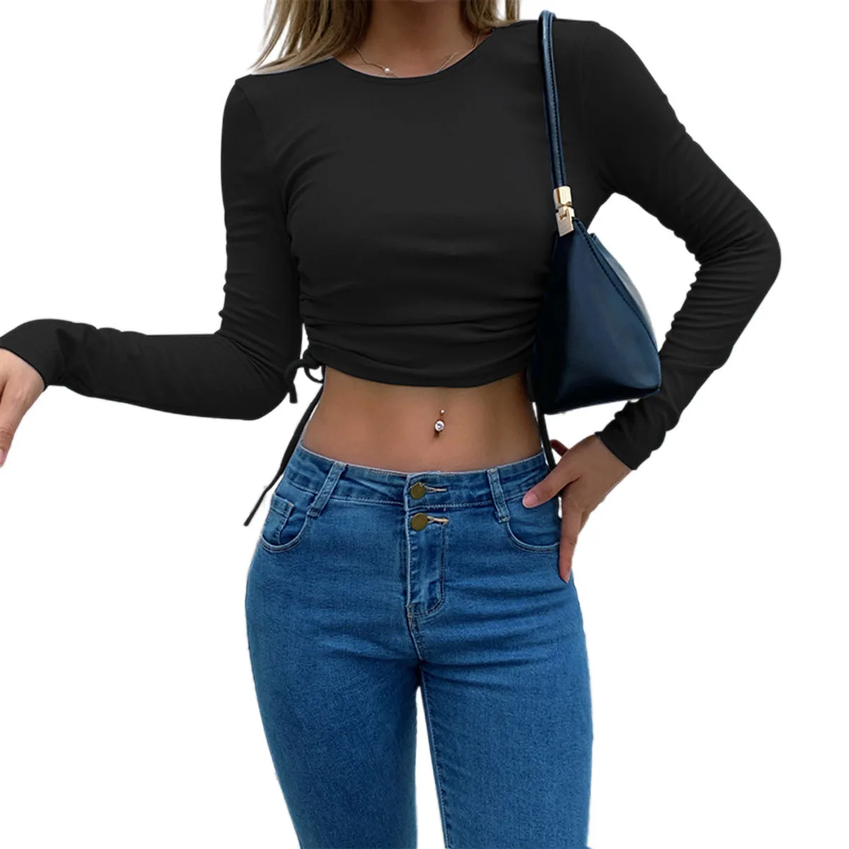 

Autumn Women's Casual Long Sleeve Slim T-Shirts Side Smocked Lace-up Solid Color Round Collar Crop Top