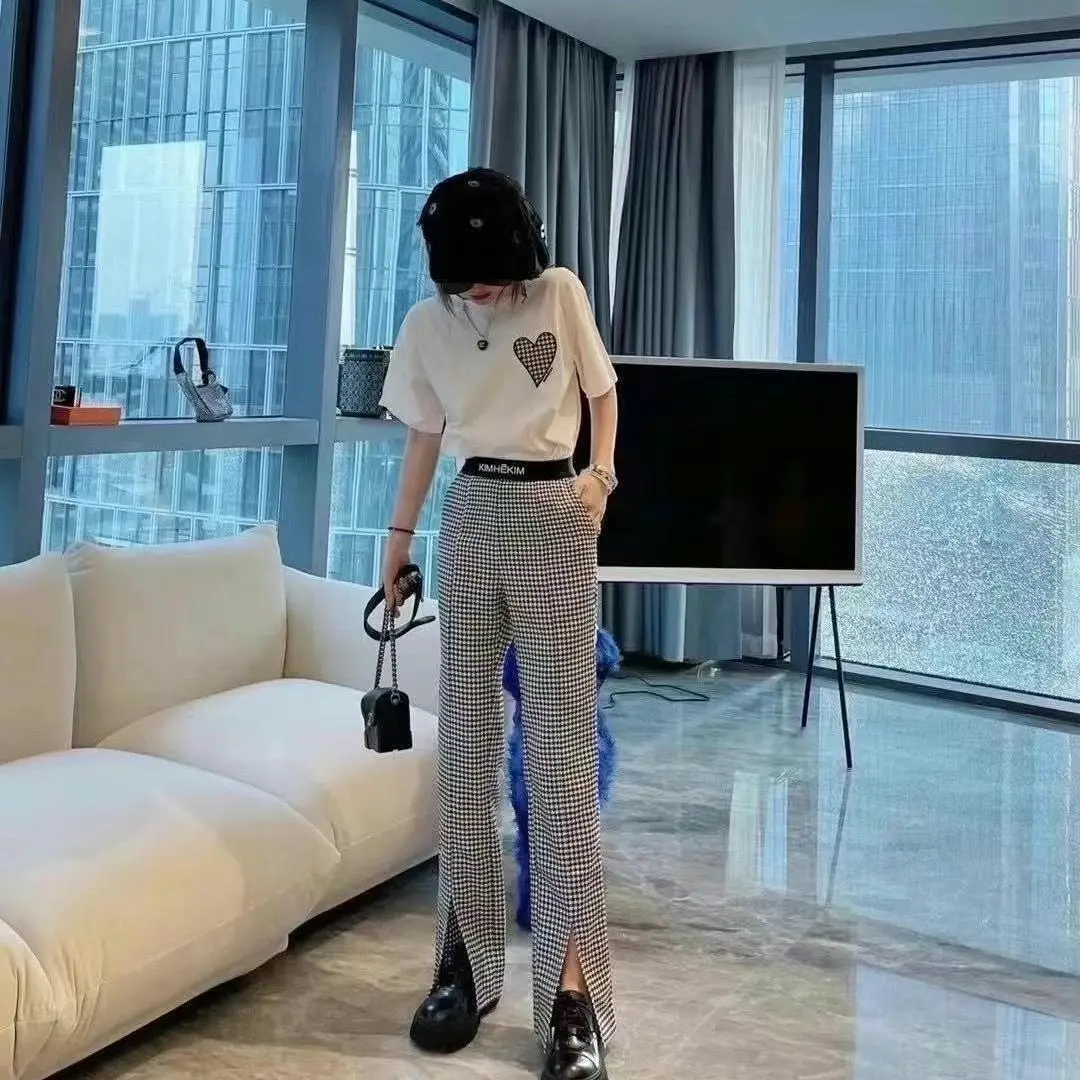 

Spring plaid pants cotton short-sleeved 2021 new T-shirt fashion suit women