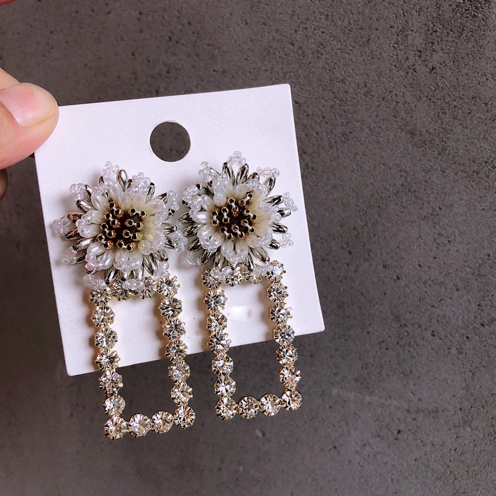 

S925 silver needle Korean version of heavy-duty handmade sunflower flower peach heart geometric long earrings exaggerated