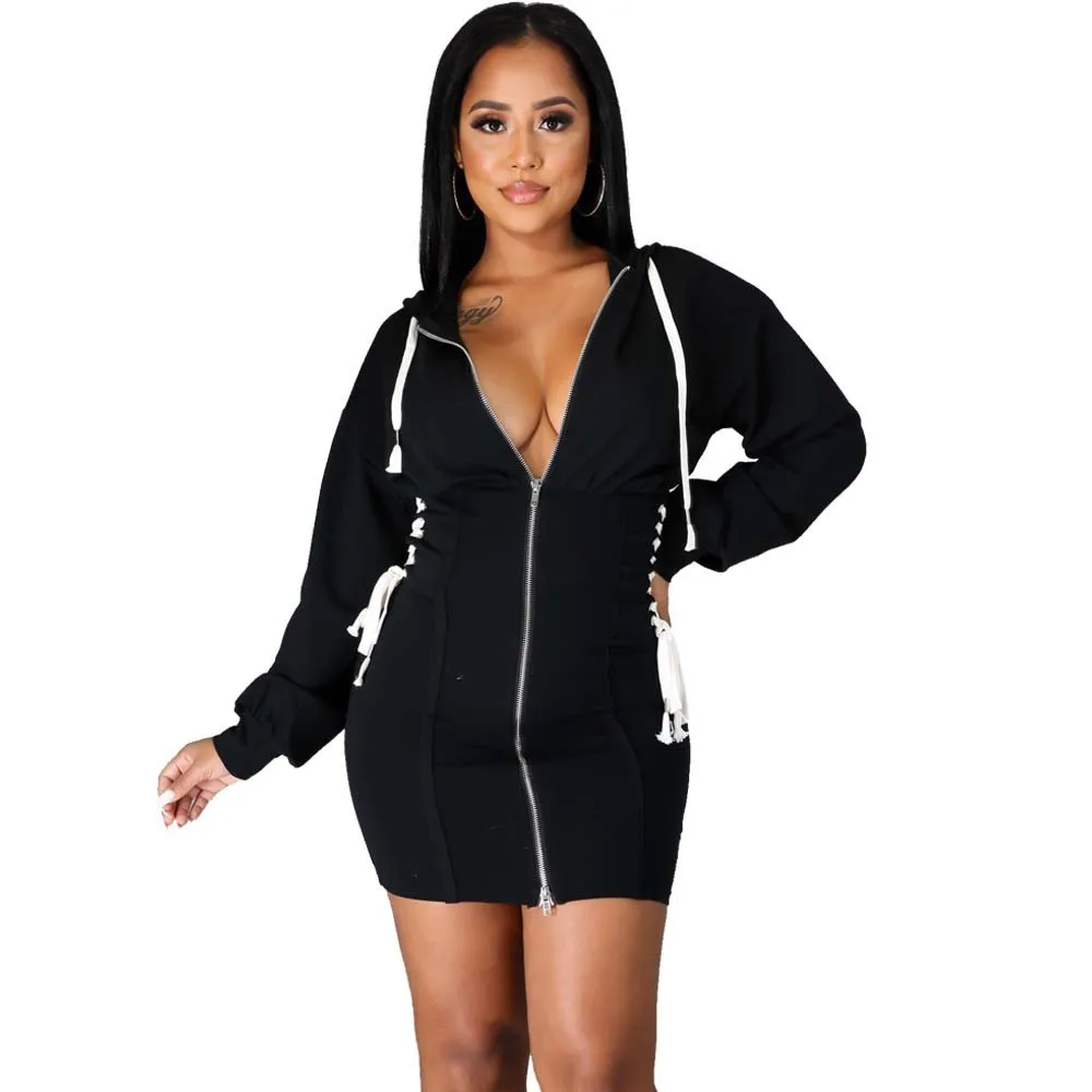 

Sexy Nightclub Style Women Dresses Autumn Long Sleeve Hooded Collar Zipper Double Side Drawstring Bodycon Mini Dress For Party