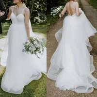 simple ruffles wedding dress sleeveless spaghetti straps v neck a line floor length backless lace tiered vestidos de novia