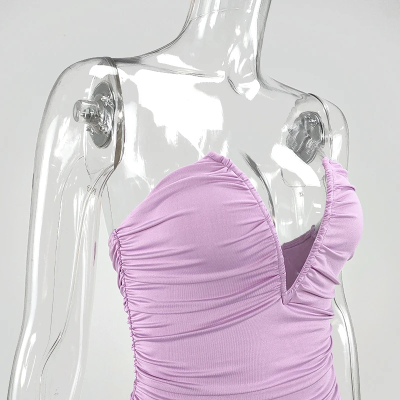 

Pink Sexy Dress Summer Strapless V-neck Low Cut Pleated Party Dress Women Slim Fit Stretch Short Dresses Clubwear