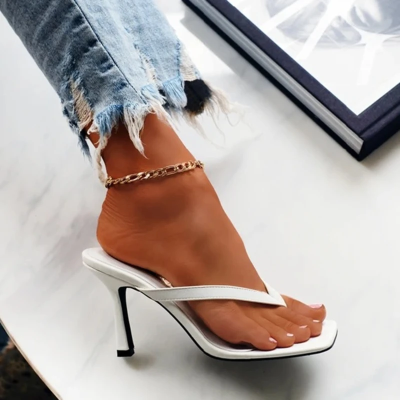 

2021 Summer Ladies Flip Flops Thin Heel Slippers Solid Color Fashion Female Square Toe Slippers 36-42