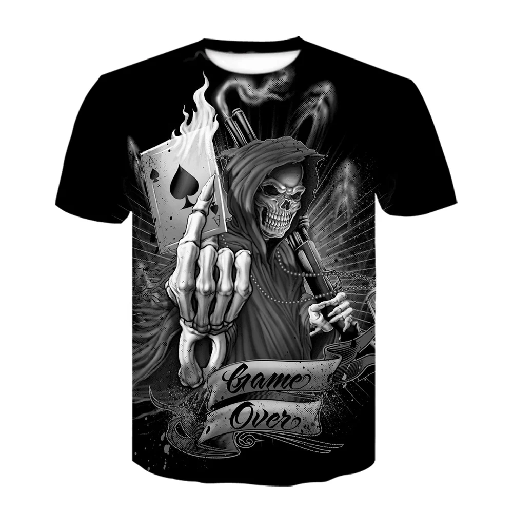 New Brand Mens Red flame Skull T shirts 3D Tshirts for Men Hip Hop Funny Tees Tops Printed Summer black Clothes oversized | Мужская