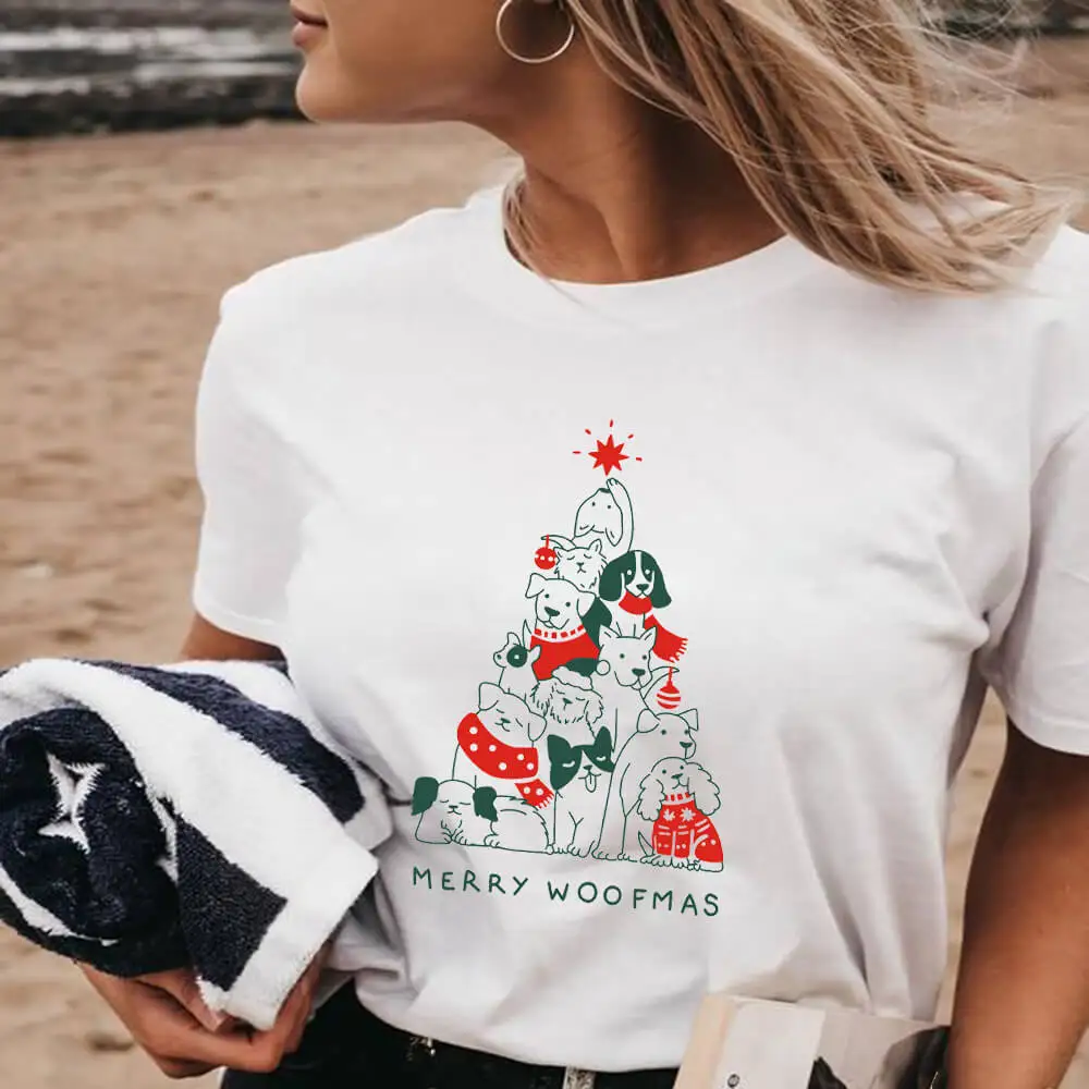 

Merry Woofmas Colored Printed Women's Funny Casual 100%Cotton T-shirt Kawaii dogs Christmas Tree outfits Christmas Party Shirts