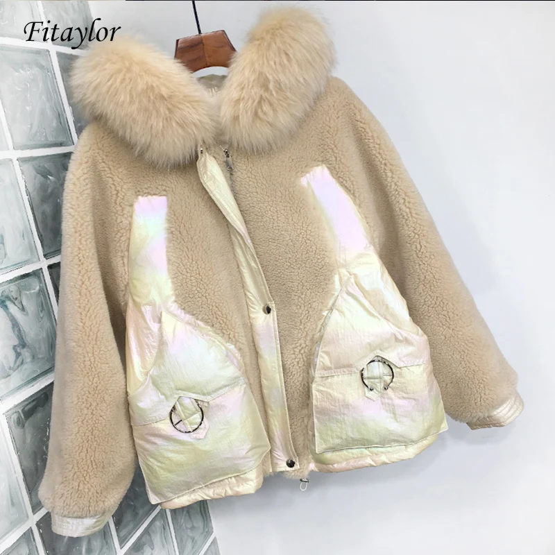 Fitaylor новая куртка из натурального Лисьего меха на утином пуху Женское пальто с капюшоном парки женские из овечьей шерсти Лоскутная Глянцевая пуховая верхняя одежда