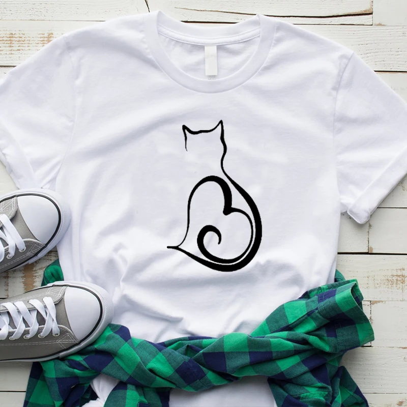 Футболка женская с принтом кошки милая Повседневная футболка графическим