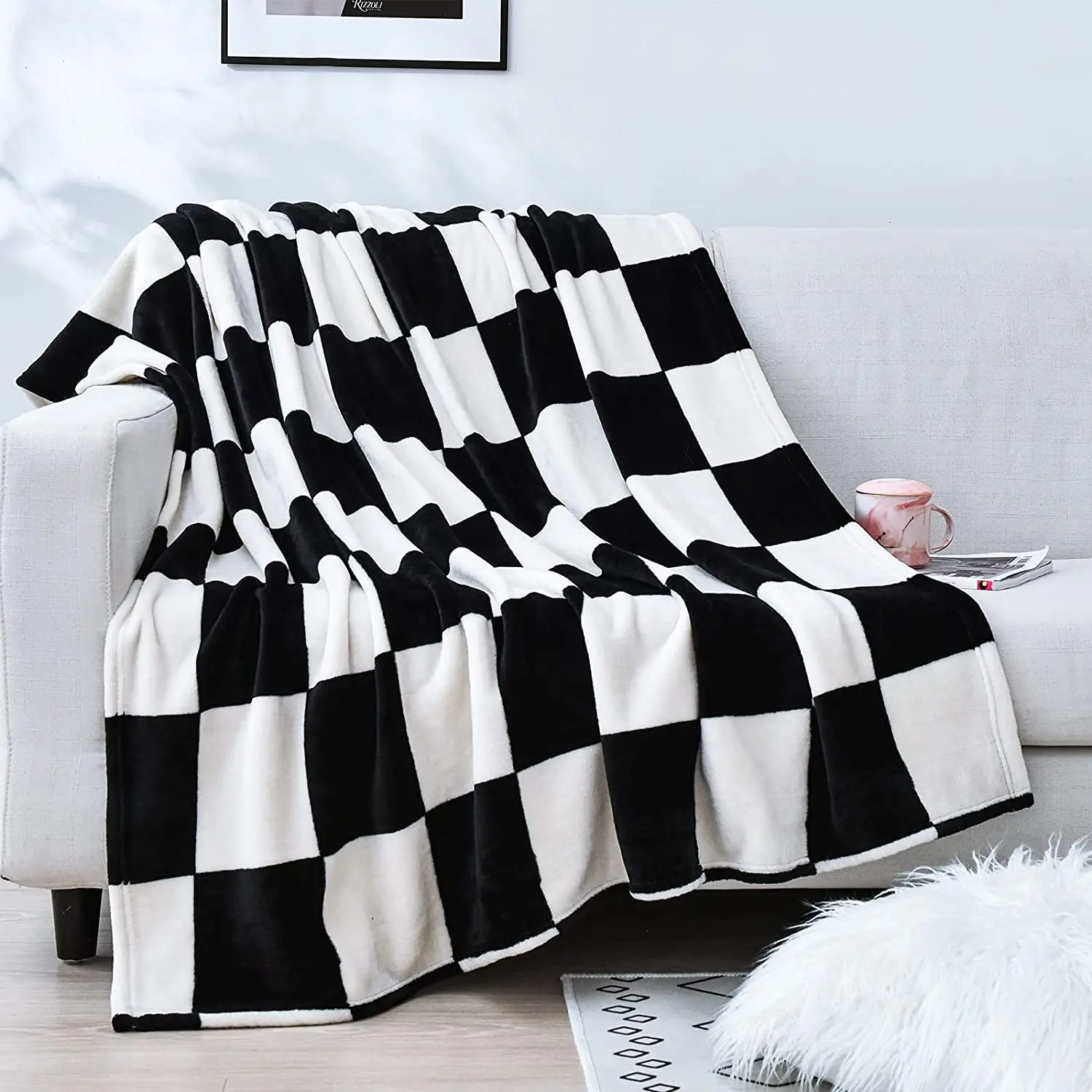 

Большое Фланелевое флисовое плюшевое одеяло, черно-белое одеяло в клетку, мягкое уютное одеяло из микрофибры для стула