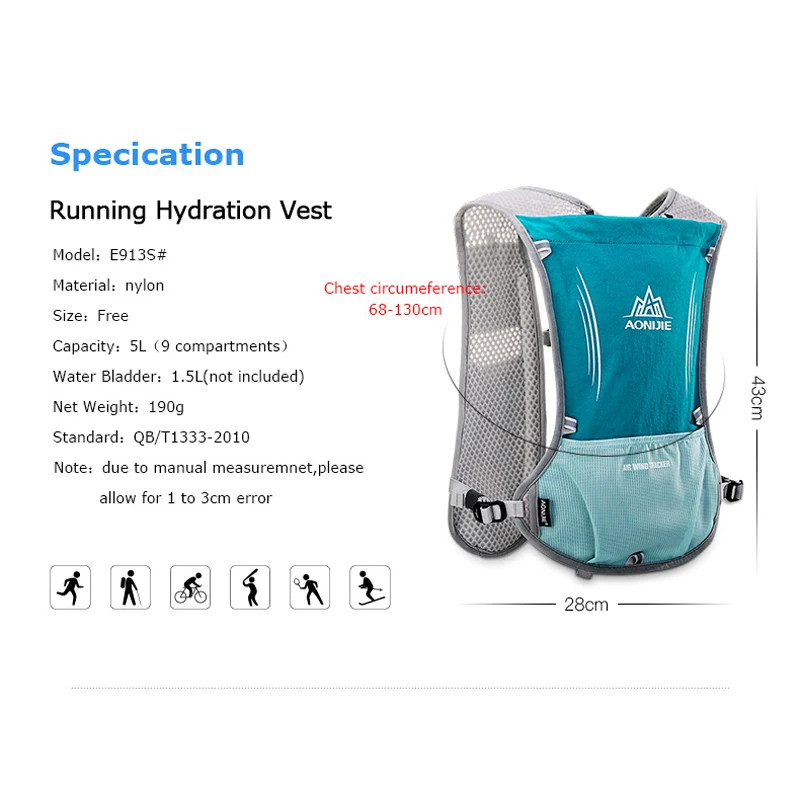AONIJIE E913S 5L Hydration Backpack Rucksack Bag Vest Harness 1.5L Water Bladder Hiking Camping Running Marathon Race Sports Set