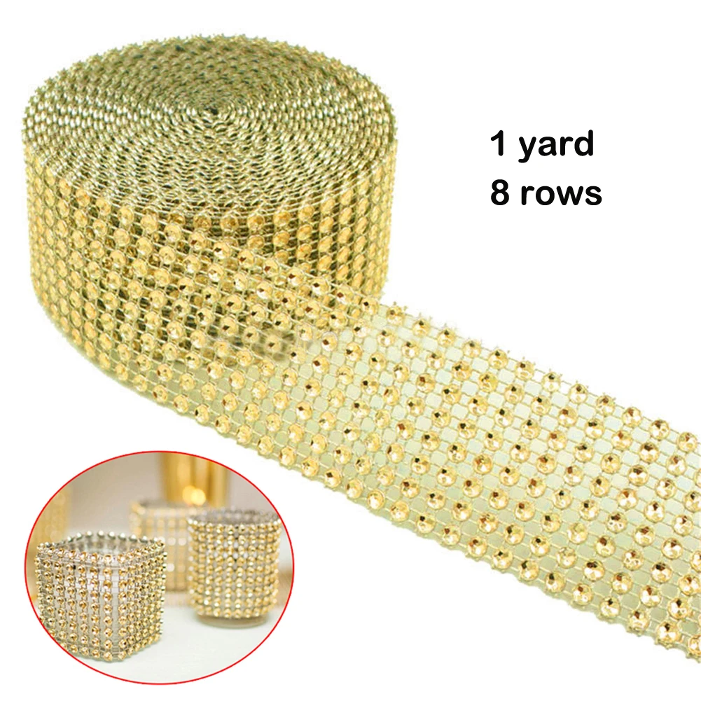 Ярд 8 24 ряда Bling Diamond mesh wrap лента Серебряная сетчатая рулонная лента со стразами Тюль Хрустальная лента Торт свадебное украшение - Цвет: 1yard 8rows gold