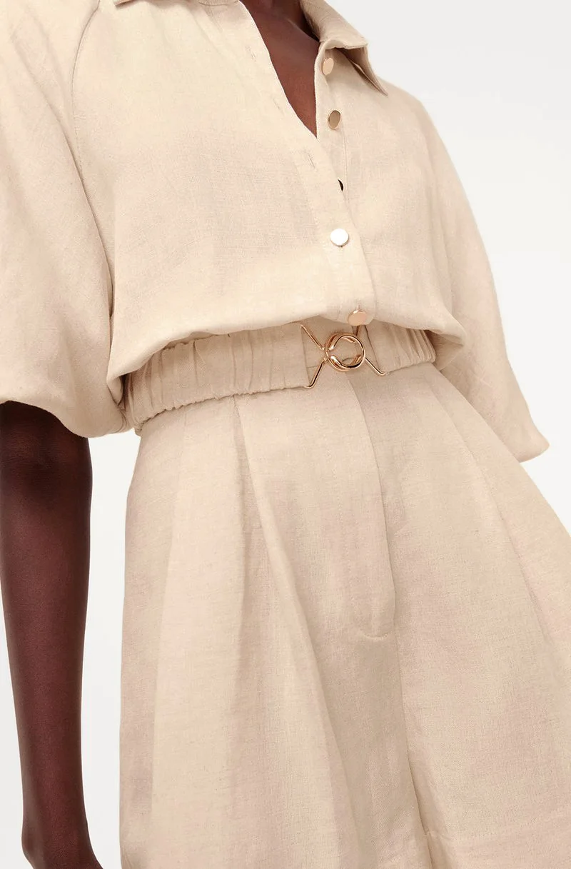 

2021 Summer New Tooling Jumpsuit Lapel Short-sleeved Waist Wide Loose Leg Shorts Female Jumpsuit