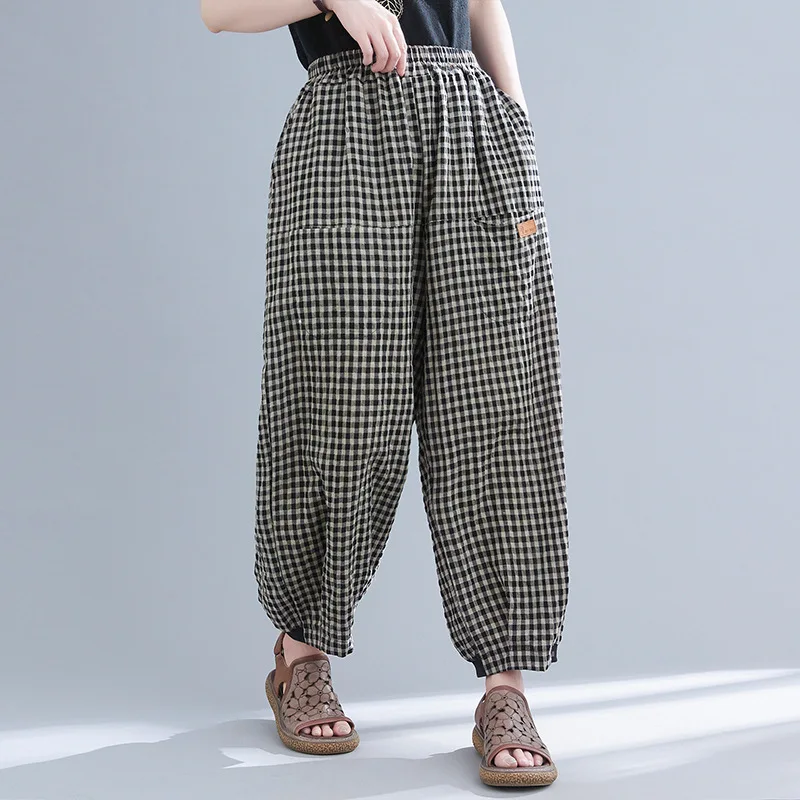 

Женские брюки в клетку Johnature, повседневные свободные шаровары до щиколотки с эластичным поясом и карманами, 2 вида, для лета, 2023