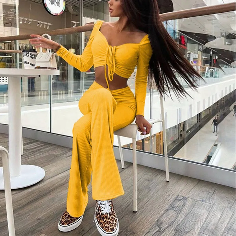 Black Tracksuit Women 2022 Long Sleeve Crop Top And Wide Leg Pants Y2K Two Piece Sets Casual Sexy Outfits Party Spring Suits |