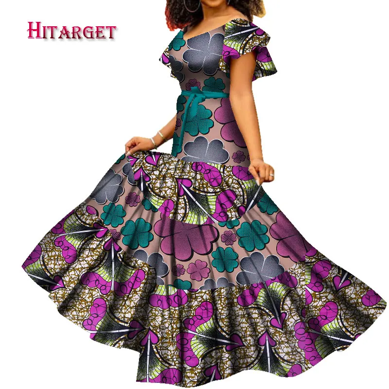 2020 African Clothes Dashiki Low Neck Short Sleeve Long Dress Full Length Skirt Elegant Bazin Riche for Party WY7609