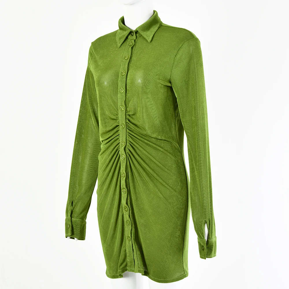 

Pure color dress women 2021 spring and autumn new dress women's sexy long-sleeved lapel single-breasted cardigan skirt Mini sexy