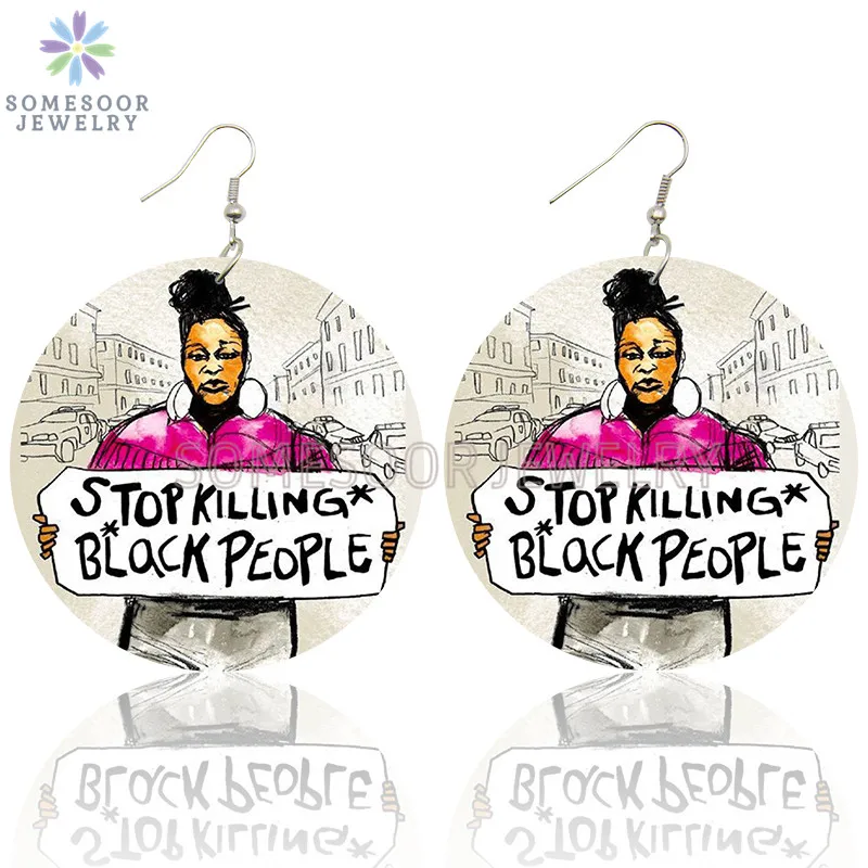Деревянные серьги подвески SOMESOOR Stop Killing Black People с принтом и большими