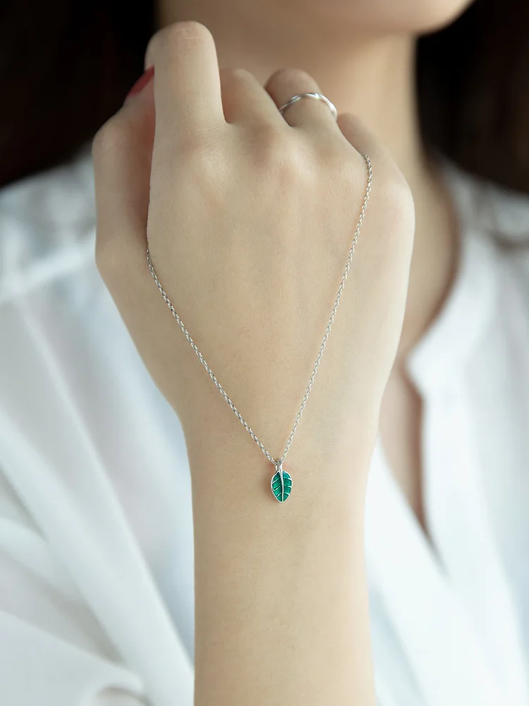 

100% Original 925 Sterling Silver Enamel Leaf Necklace For Women Girls Kids Party Gift Prevent allergy Jewelry