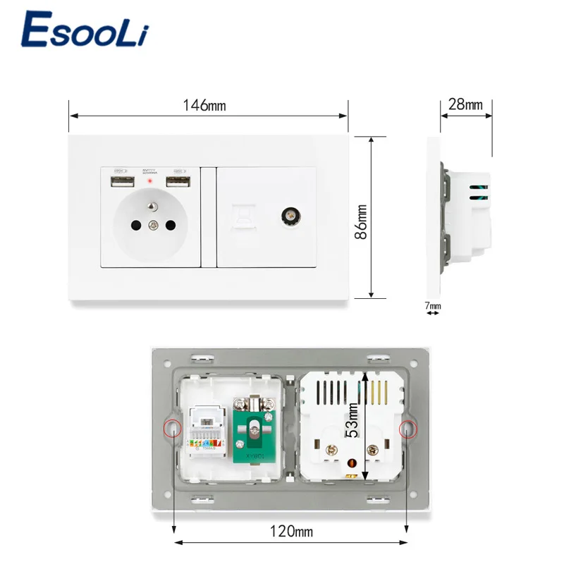 ESOOLI Plastic Panel French Standard Electric Socket with 2 USB + RJ45 Internet Jack and Television Port Power Outlet | Обустройство