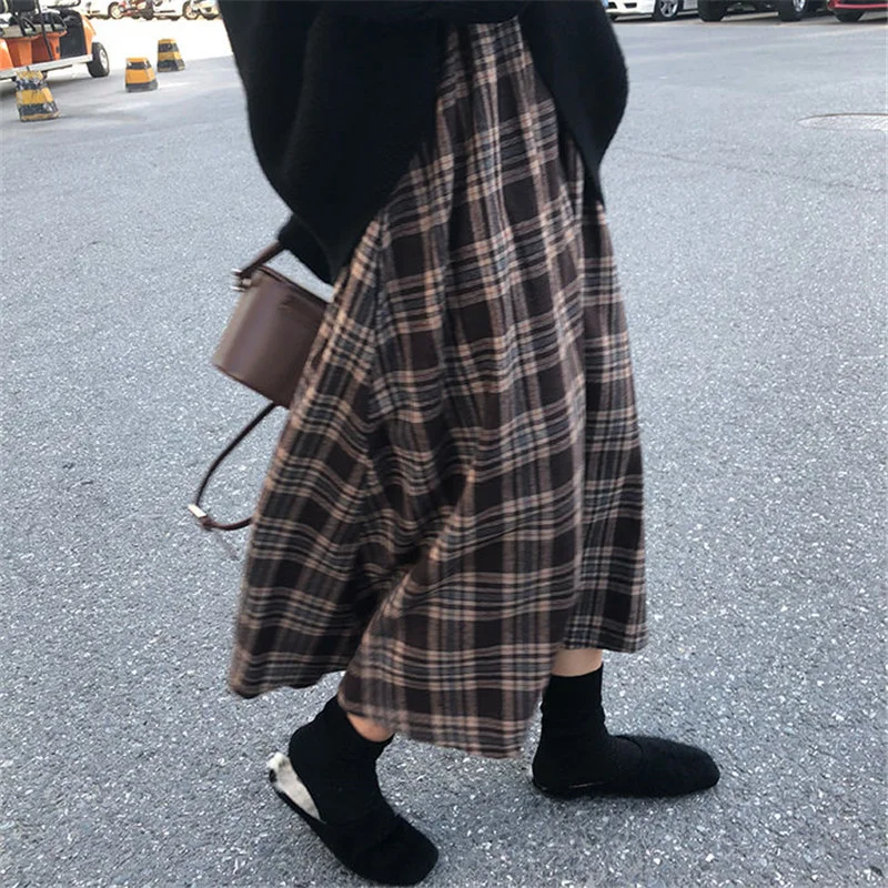 

New Japanese Harajuku Autumn Winter Women Midi Skirt High Waist Plaid Female Saias Korean Ulzzang Streetwear Elegant Long Skirts