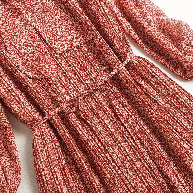 

Shuchan Vestido Midi Elegante Spring/Autumn Chiffon Prairie Chic A-Line Print Mid-Calf Flare Sleeve Dress Women 2021