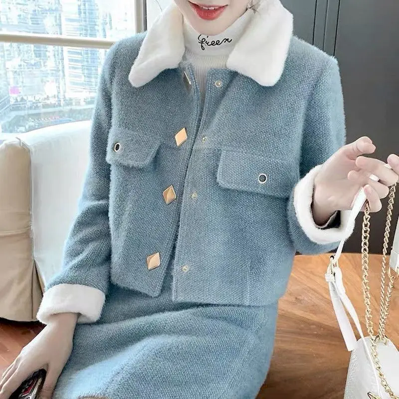 

Ricaqico Fashion Winter Skirts Suits 2021 New Temperament Sets Women Celebrity Light Mature Woolen Coat Short Skirt 2 Piece Set