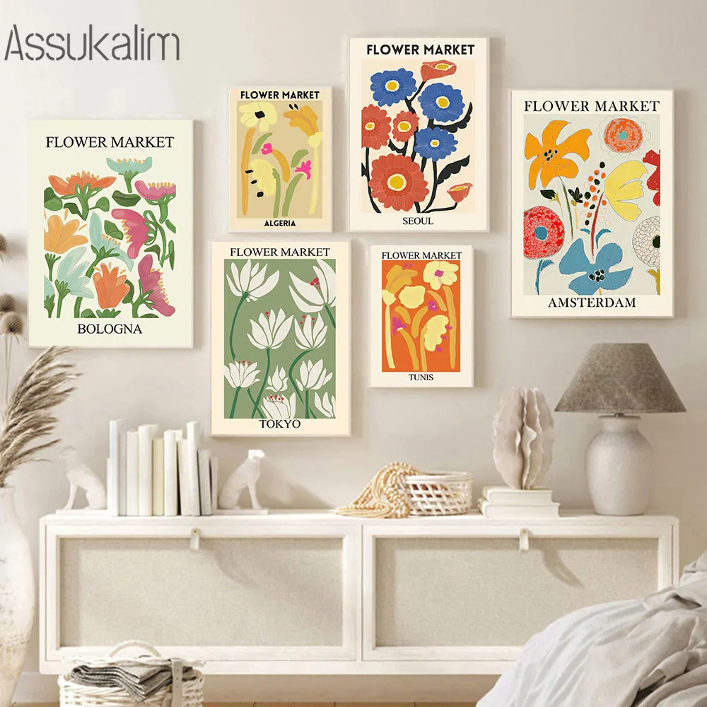 

Abstract Colorful Flowers Poster Prints Vintage Flower Market Wall Art Canvas Painting Nordic Wall Pictures Living Room Decor
