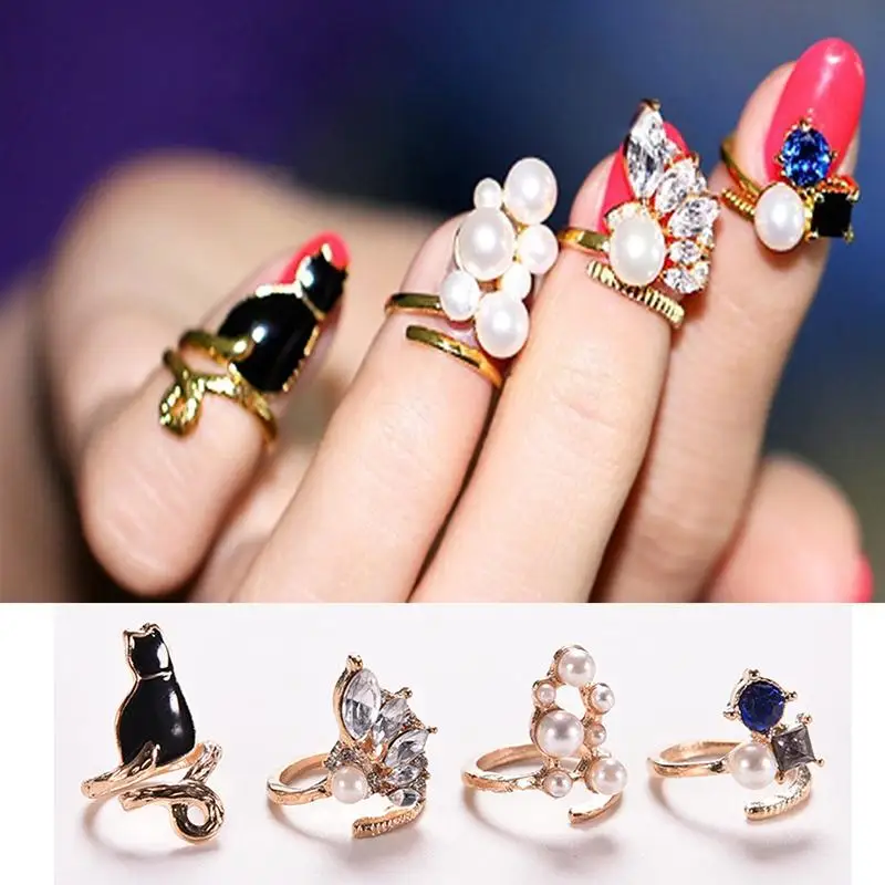 

4Pcs/Set Unique style Crystal Black Cat Pearl Rings Set For Women Vogue Nail Rings Chic Knuckle Rings New Fashion Jewelry