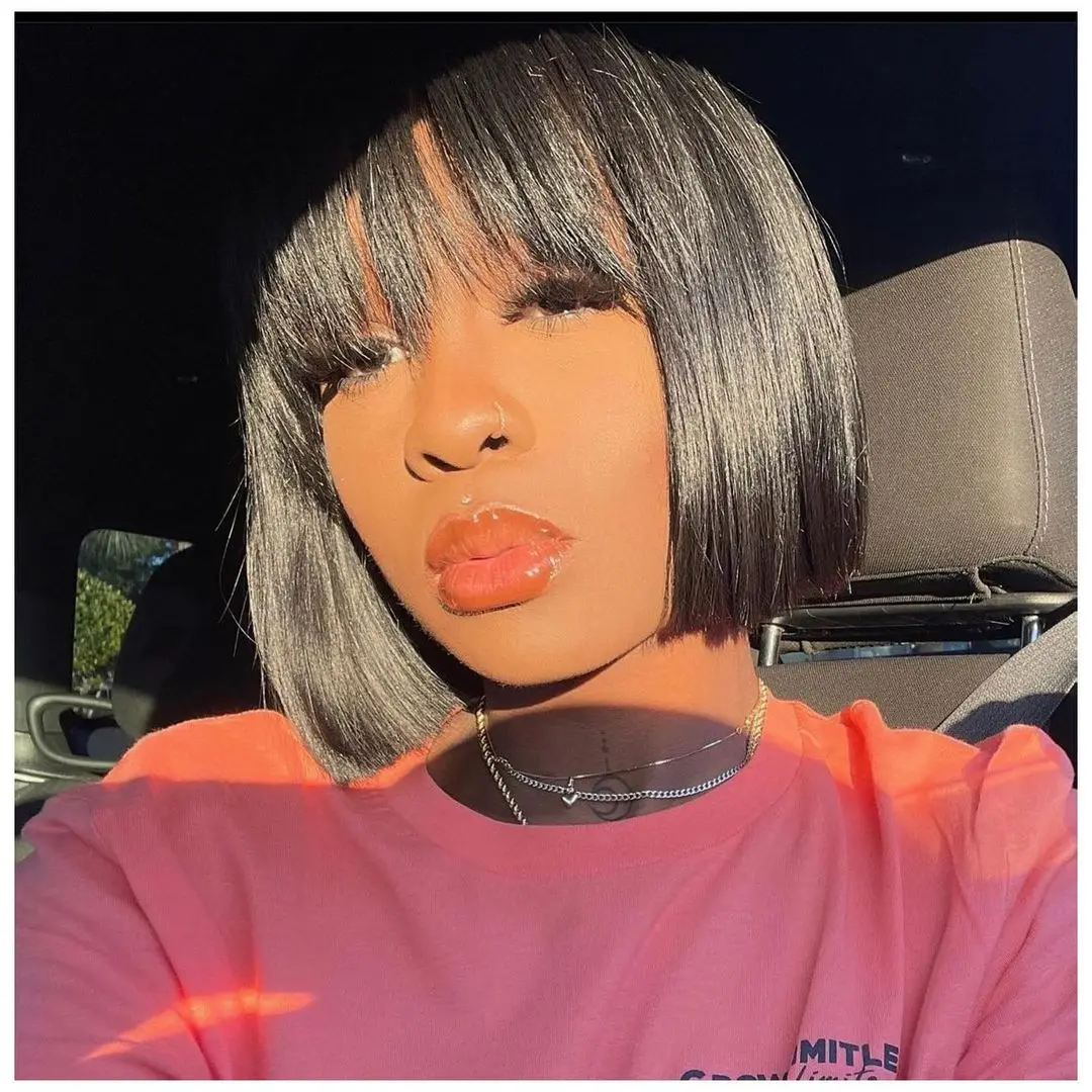 Short Bob Human Hair Wig With Bangs Fringe Cheap Full Machine Made Glueless For Black Women Straight Virgin Brazilian Pixie Cut | Шиньоны и