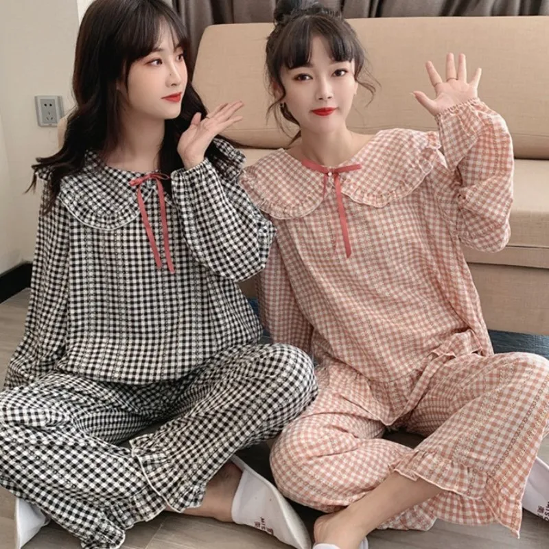 

XIFER 2020 Spring and Autumn Korean Sweet Girl College Wind Doll Collar Plaid Pajamas Female Pajamas Home Wear Set