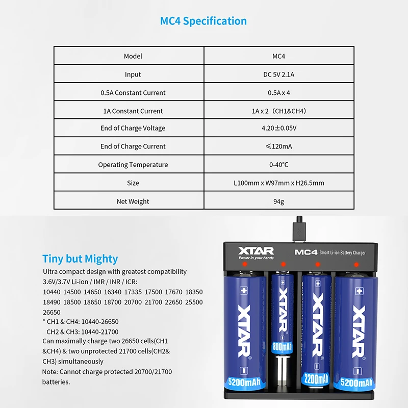 XTAR USB зарядные устройства для 10440-26650 батареи зарядки MC4 MC1 плюс MC2 плюс MC6C MC1S MC2S 18650 20700 21700 Батарея зарядные устройства