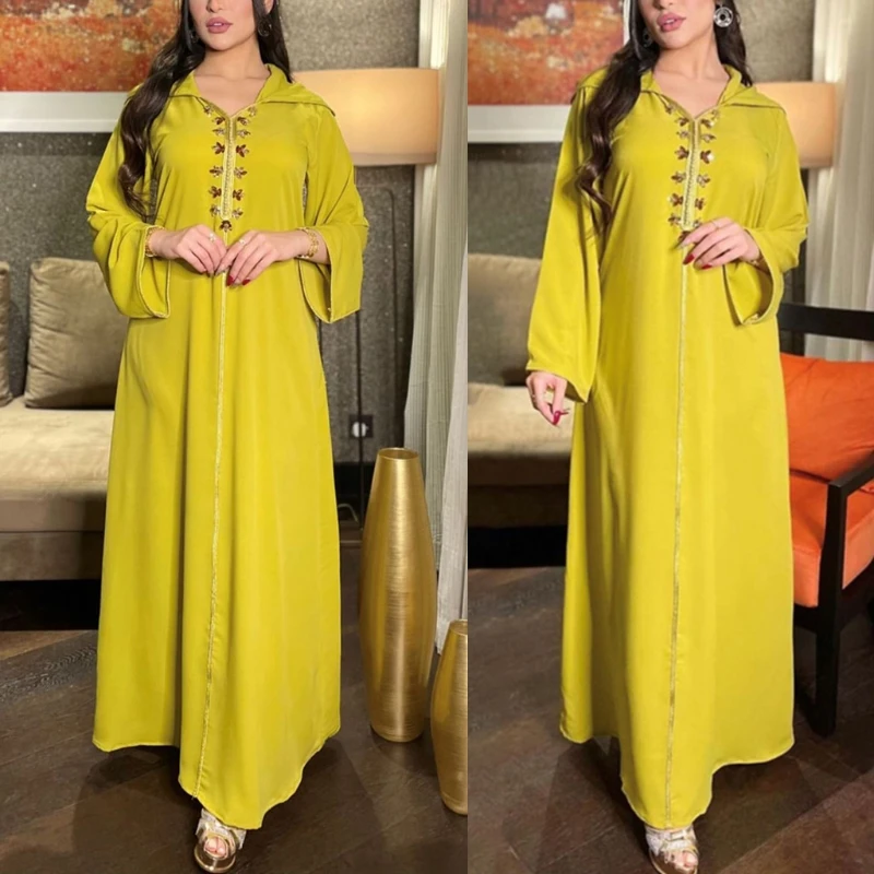 

Abaya Dubai Turkey Muslim Women Hooded Long Dress Embroidery V-Neck Rhinestone Islamic Clothing Robe Eid Mubarak Moroccan Kaftan